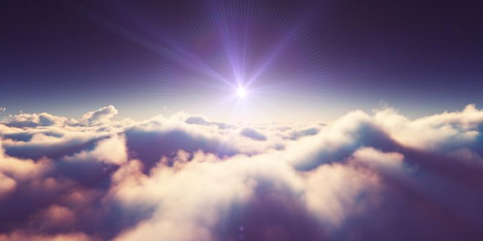 above clouds sunrise sun ray illustration, 3d rendering