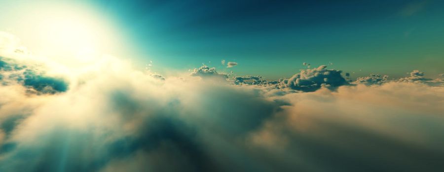 above clouds fly sunset sun ray illustration, 3d render