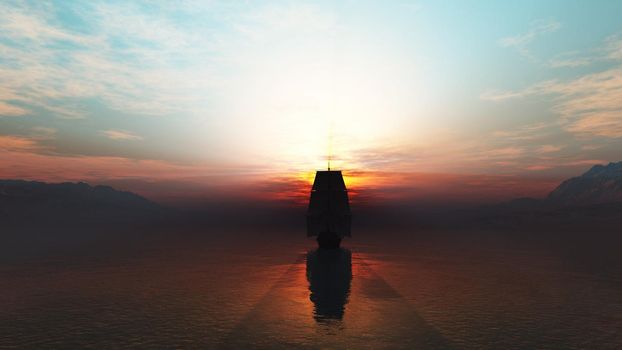 old ship at sea sunset, 3d render illustration