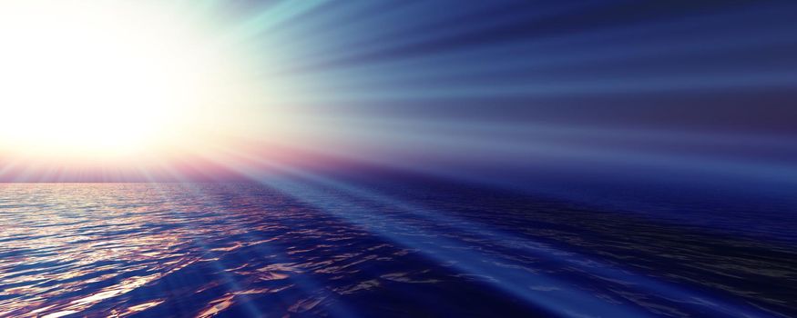 sunset sea sun ray clear sky, 3d rendering illustration