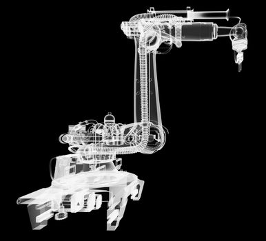 Industrial robot, x-ray transparent. 3D illustration. Non-destructive testing concept