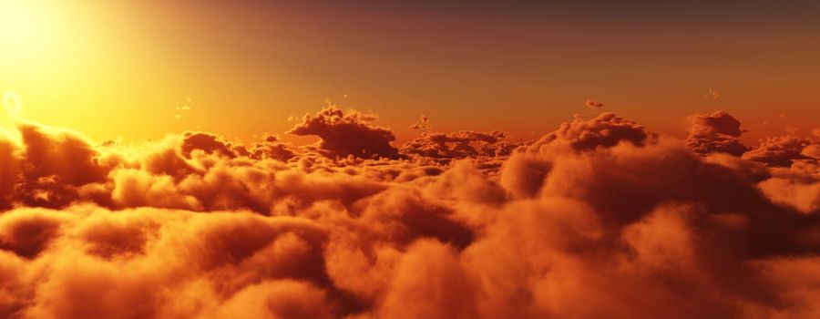 above clouds fly sunset sun ray illustration, 3d render