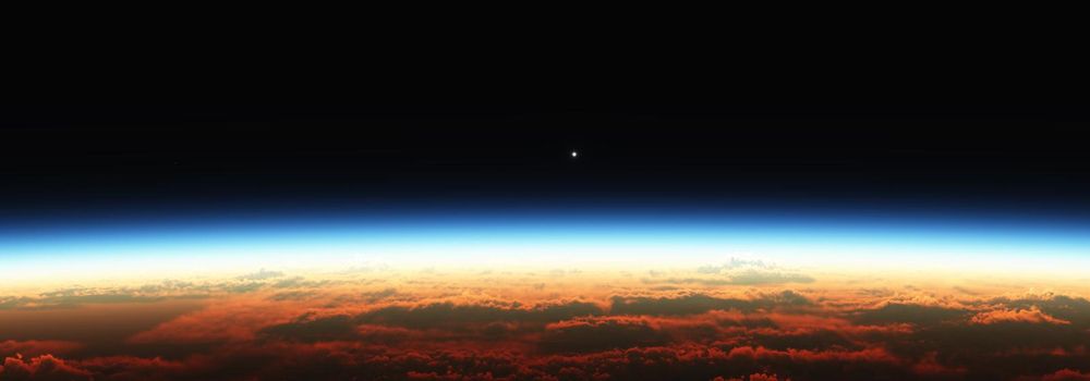 Earth sunrise from space over cloudy ocean. 3d rendering illustration