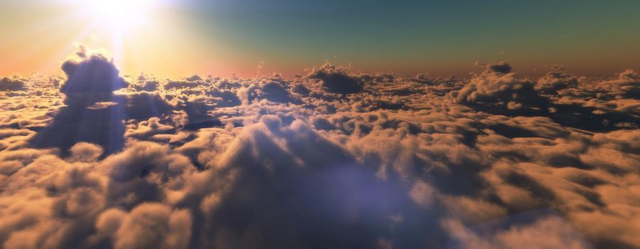 above clouds fly sunset sun ray illustration, 3d render