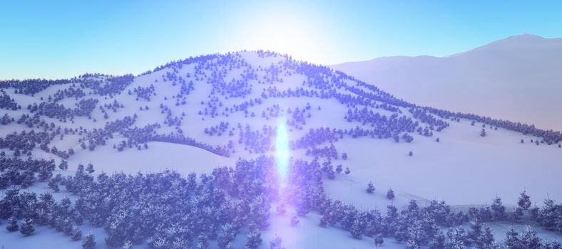 above winter forest mountain sunset 3D rendering illustration