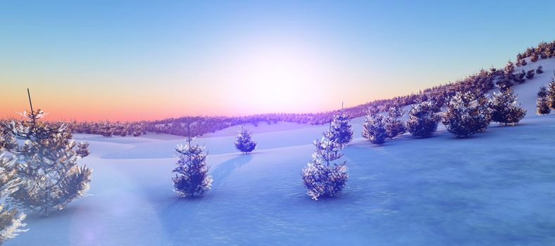 above winter forest mountain sunset 3D rendering illustration