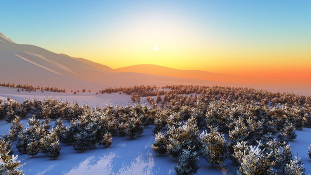 above winter forest mountain sunset 3D rendering illustration