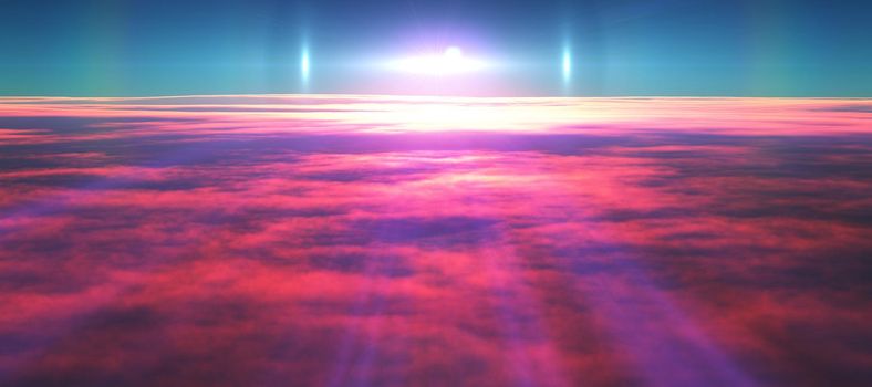 above clouds fly sunset sun ray illustration, 3d render