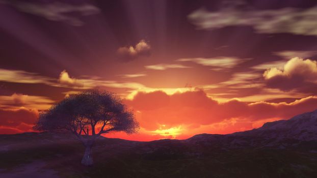 sunset at meadow and lonely tree, 3d render illustration