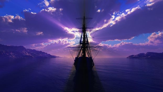 old ship sunset at sea illustration 3d rendering