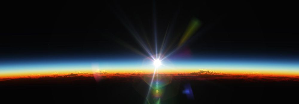 Earth sunrise from space over cloudy ocean. 3d rendering illustration