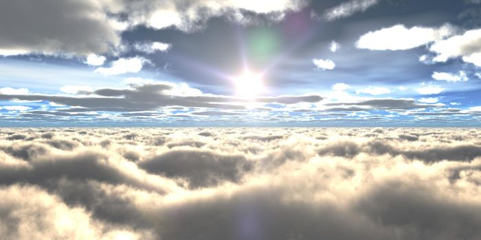 above clouds fly sunset sun ray illustration, 3d render