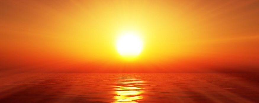 sunset sea sun ray clear sky, 3d rendering illustration