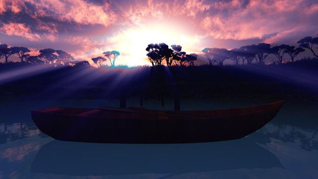 Beautiful sunset over the tropical lagoon, illustration 3d rendering