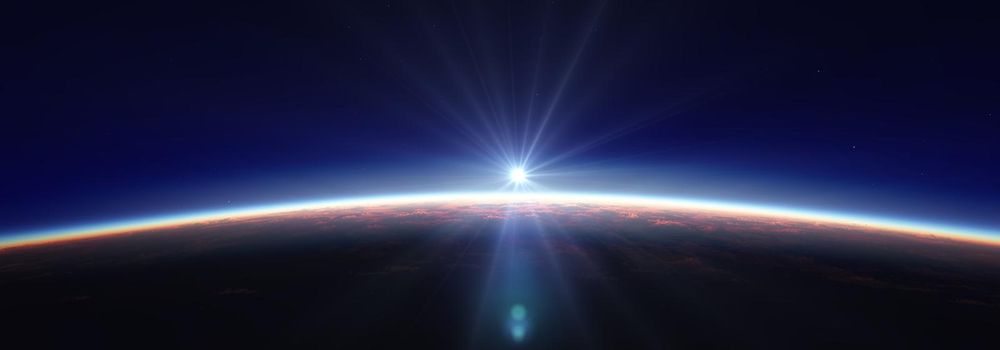 Earth sunrise from space over cloudy ocean. 3d rendering illustration