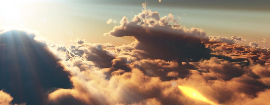 above clouds fly sunset sun ray illustration, 3d render