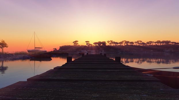 Beautiful sunset over the tropical lagoon, illustration 3d rendering