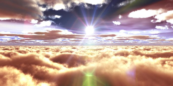 above clouds fly sunset sun ray illustration, 3d render