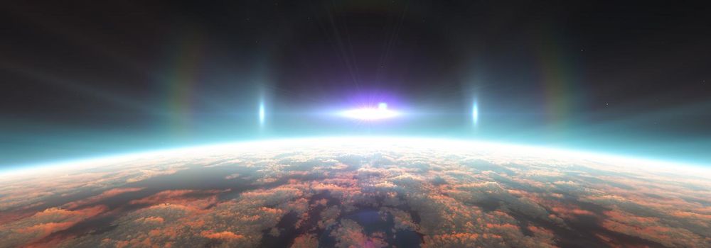 Earth sunrise from space over cloudy ocean. 3d rendering illustration