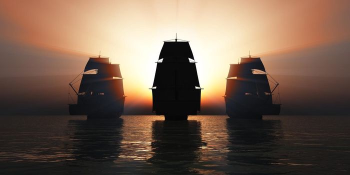 old three ships sunset at sea, 3d rendering illustration