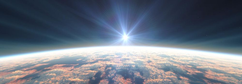 Earth sunrise from space over cloudy ocean. 3d rendering illustration