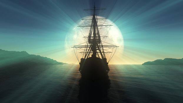 old ship in sea full moon illustration 3d rendering