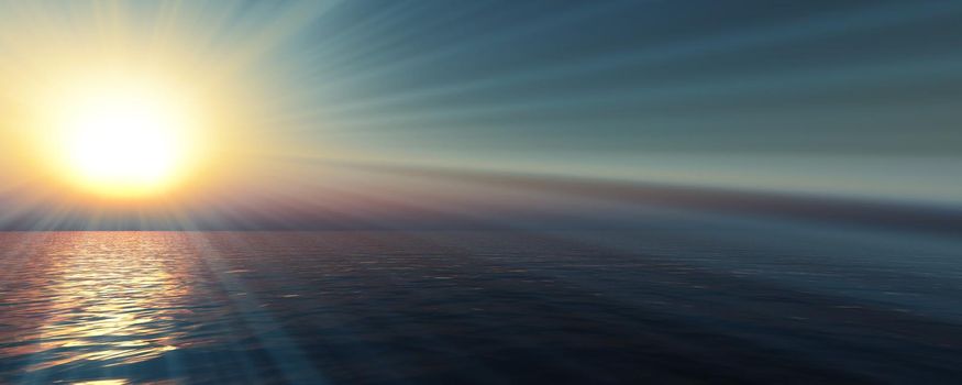 sunset sea sun ray clear sky, 3d rendering illustration