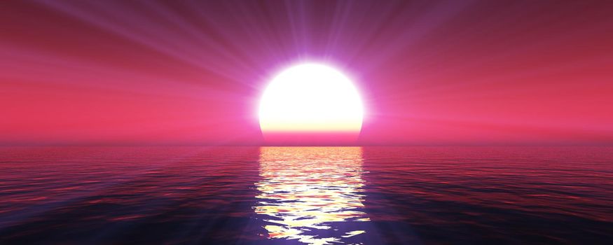 sunset sea sun ray clear sky, 3d rendering illustration