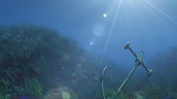 anchor under water sun ray illustration 3d rendering