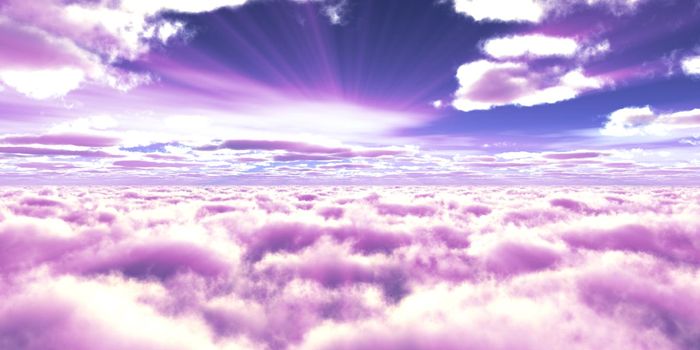 above clouds fly sunset sun ray illustration, 3d render