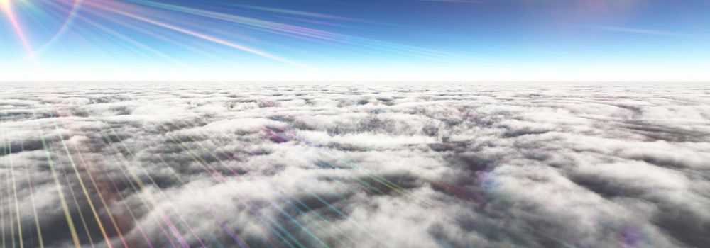 Above clouds sun ray, 3d rendering illustration