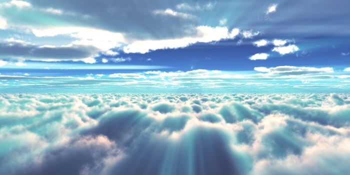 above clouds fly sunset sun ray illustration, 3d render