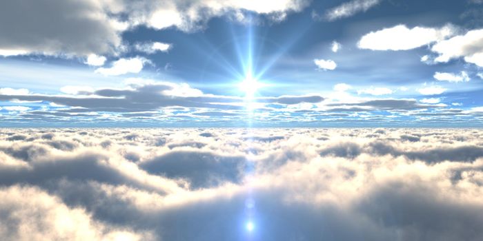 above clouds fly sunset sun ray illustration, 3d render