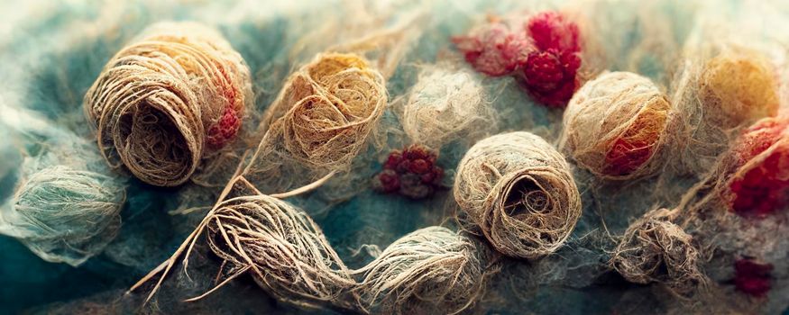 Abstract top-view illustration of the background of multicolored tangled threads, close-up of the colorful stack of thread