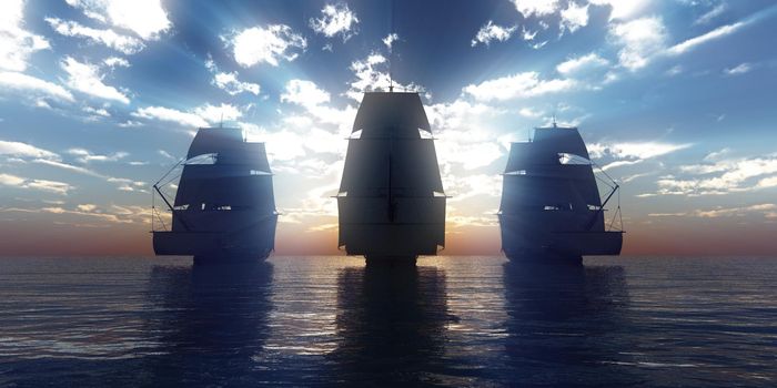 old three ships sunset at sea, 3d rendering illustration