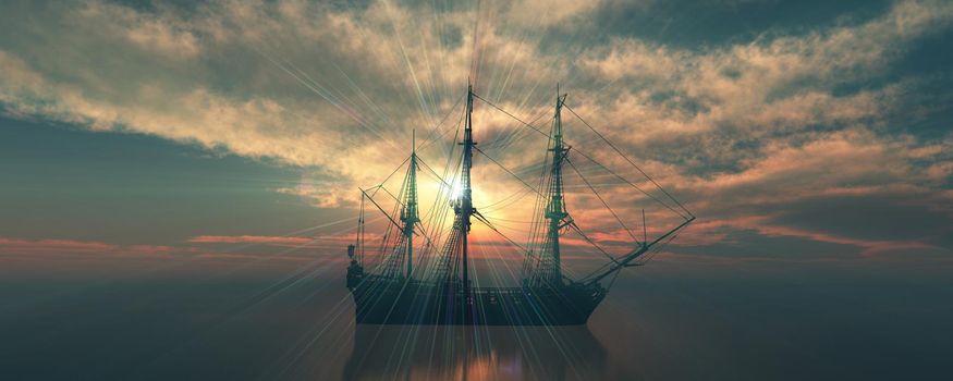 old ship sunset at sea 3d rendering illustration