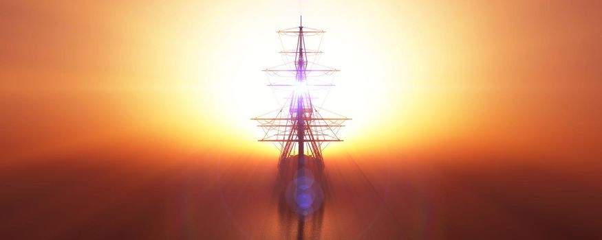 old ship sunset at sea 3d rendering illustration