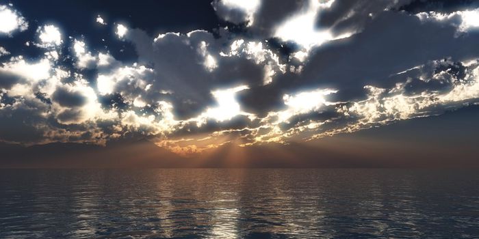 sunset sea sun ray clouds, 3d rendering illustration