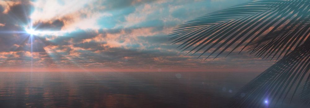 sunset sea palm landscape illustration, 3d render