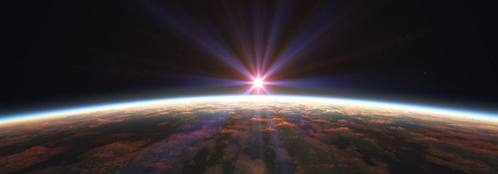 Earth sunrise from space over cloudy ocean. 3d rendering illustration