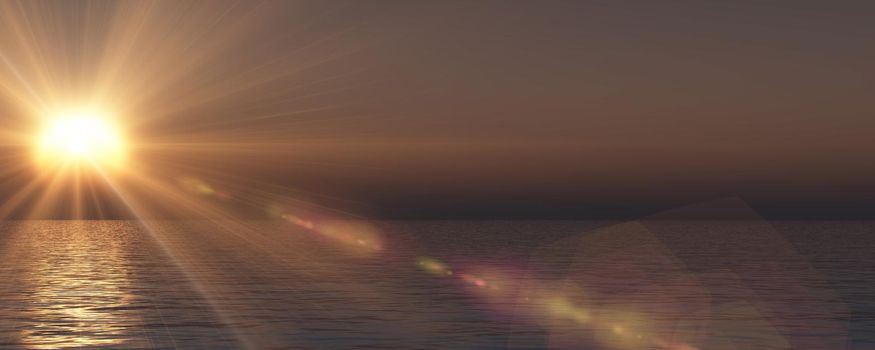 sunset sea sun ray clear sky, 3d rendering illustration