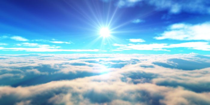 above clouds fly sunset sun ray illustration, 3d render