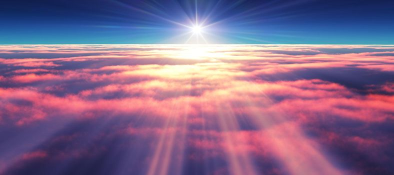 above clouds fly sunset sun ray illustration, 3d render