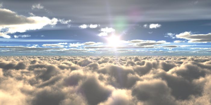 above clouds fly sunset sun ray illustration, 3d render