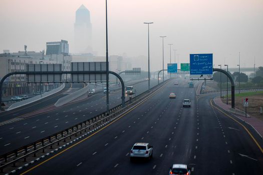 Foggy morning in Dubai city. UAE.