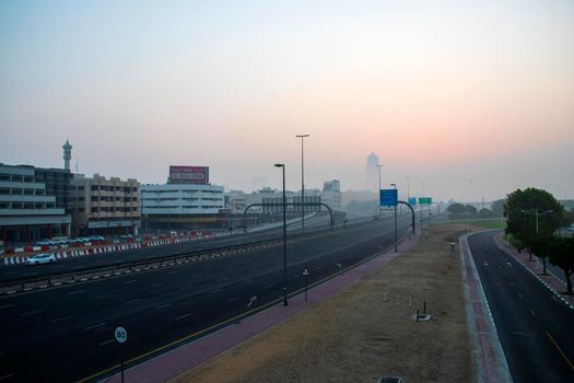 Foggy morning in Dubai city. UAE.