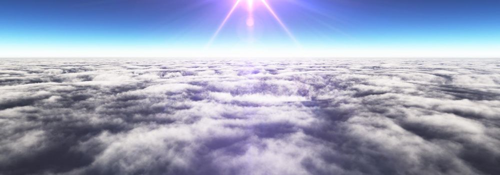 Above clouds sun ray, 3d rendering illustration