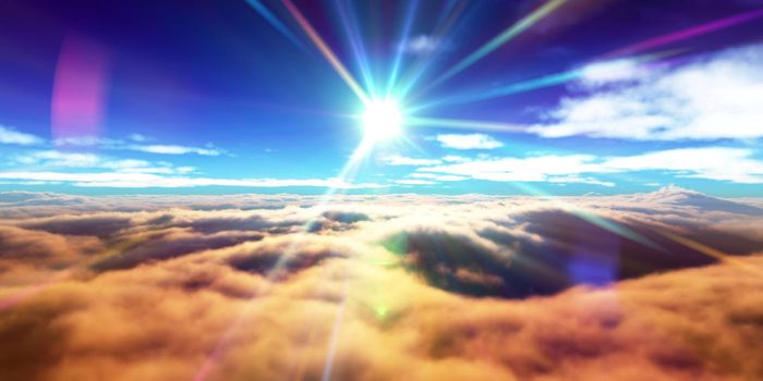 above clouds fly sunset sun ray illustration, 3d render