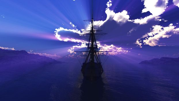 old ship sunset at sea illustration 3d rendering