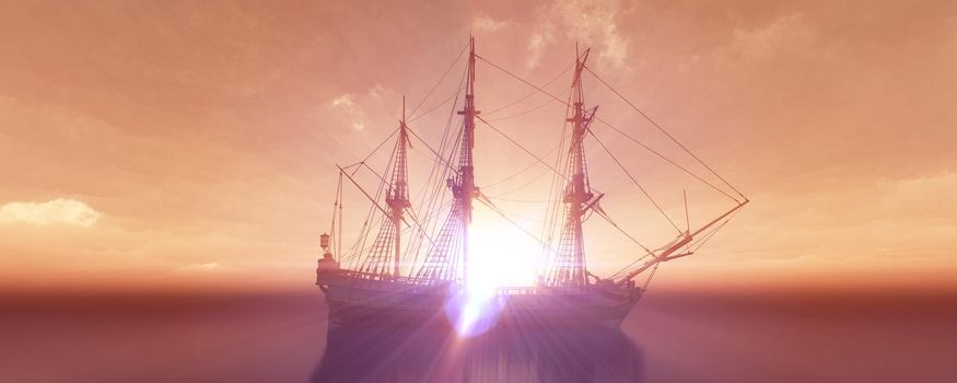 old ship sunset at sea 3d rendering illustration